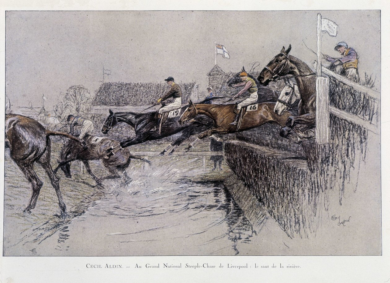 Il Grand National Steeple Chase a Liverpool: Il salto del fiume - disegno di Cecil Aldin da Cecil Charles Windsor Aldin