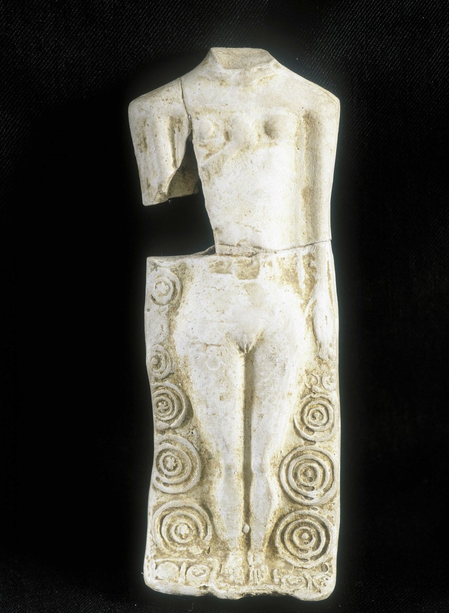 Donna con tre seni. Statuetta realizzata dal vasaio celtico Rextuguenos, firma e rouelles (unico vasaio armoricano conosciuto), per il Laraire (luogo di preghiera in una villa romana) da Celtic