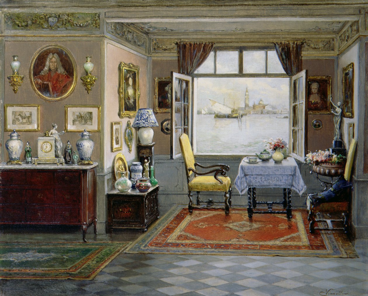 Una casa veneziana con vista su San Giorgio Maggiore da una finestra aperta, c.1900 da Cesare Vianello