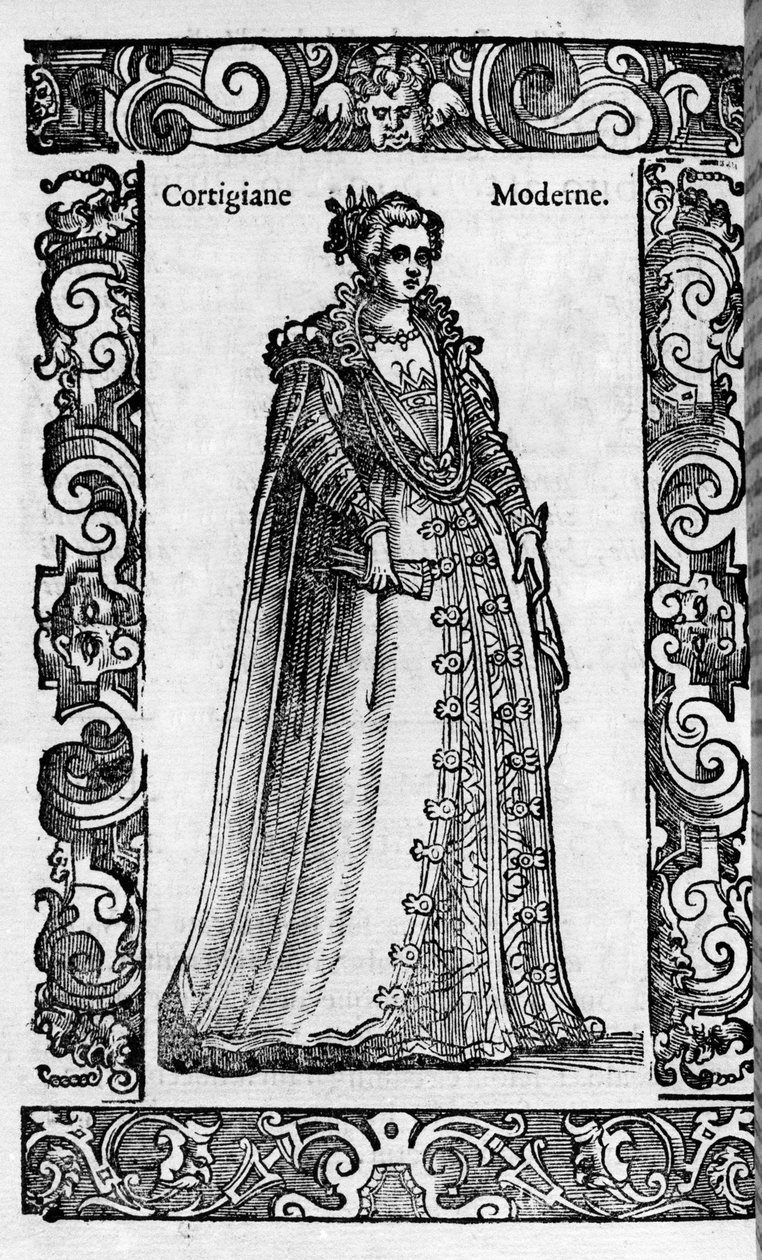 Rinascimento: una cortigiana romana nel XVI secolo. Incisione da "Costumi Moderni e Antichi" di Cesare Vecellio da Cesare (attr. to) Vecellio