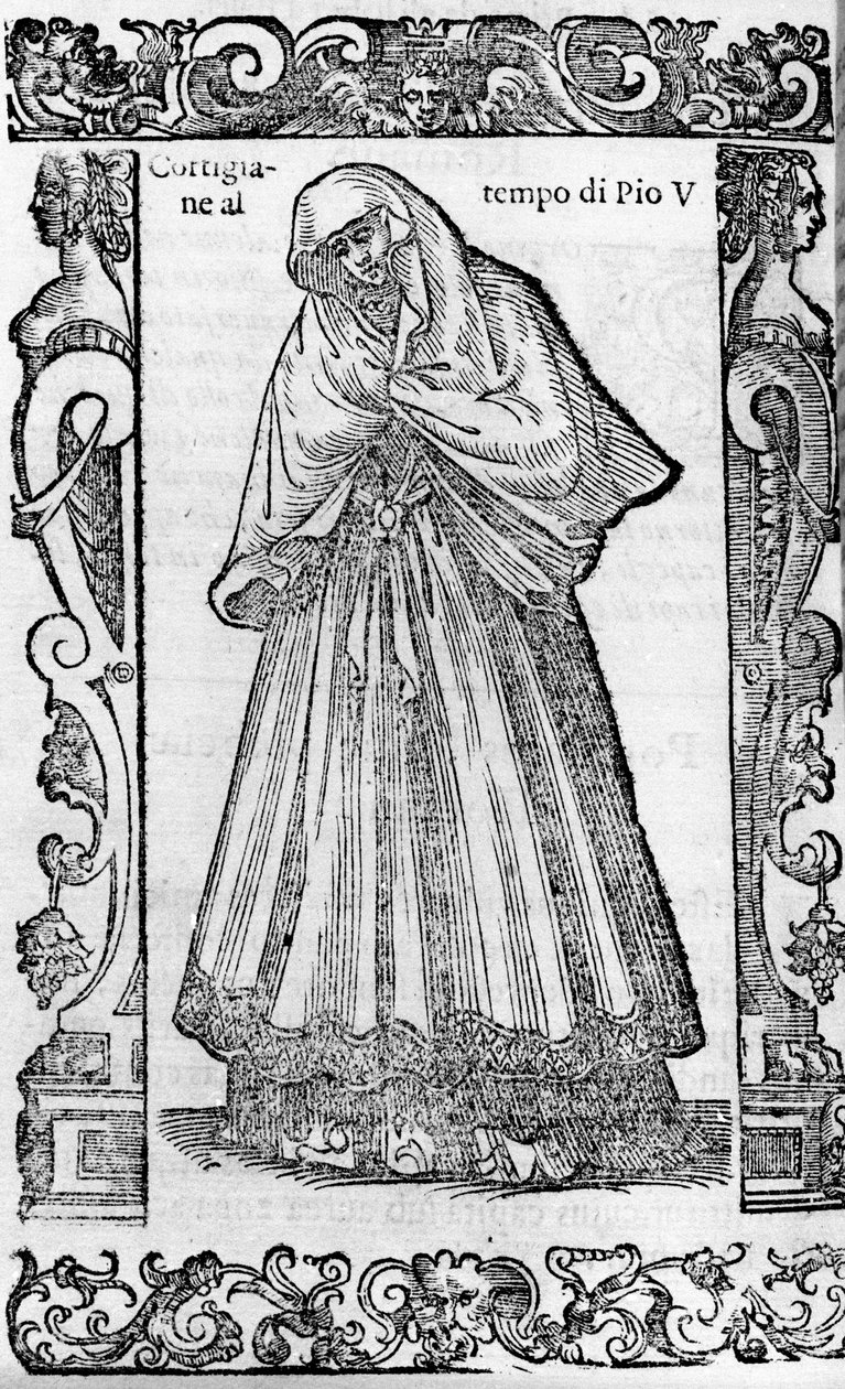 Rinascimento: una cortigiana al tempo di Papa Pio V (1566-1572). Incisione da Modern and Ancient Costumes di Cesare Vecellio da Cesare (attr. to) Vecellio