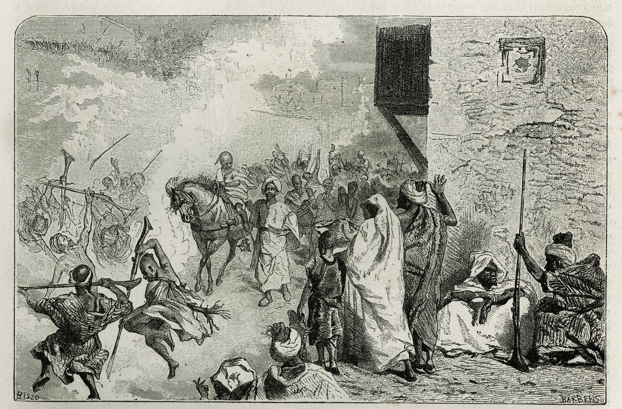 Un giovane ragazzo trionfa al ritorno della cerimonia di circoncisione, in mezzo alla folla che spara colpi in aria, mentre urla e si diverte, incisione di C.Biseo per illustrare la storia Le Maroc di Edmondo de Amicis, nel 1877 da Cesare Biseo