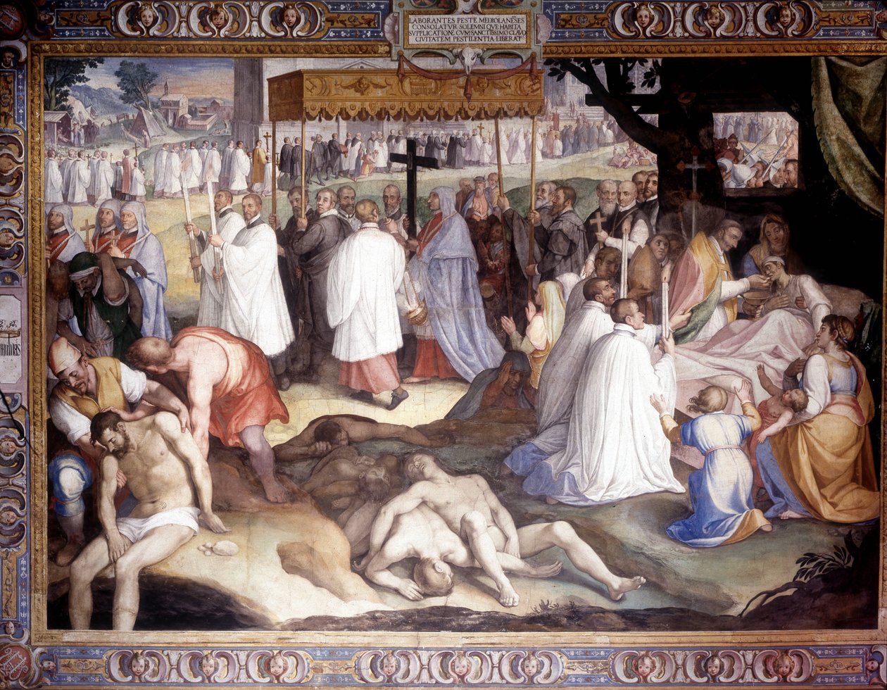Peste di Milano: San Carlo Borromeo (1538 - 1584) comunica i moribondi. Affresco di Carlo Nebbia al Collegio Borromeo di Pavia. XVI secolo da Cesare Nebbia