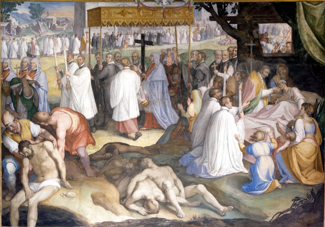 San Carlo Borromeo comunionò i moribondi pestilenti durante la peste dal 1575 al 1577 nel lazzaretto di Milano. Affresco di Charles Nebbia al Collegio Borromeo di Pavia (Milano) da Cesare Nebbia