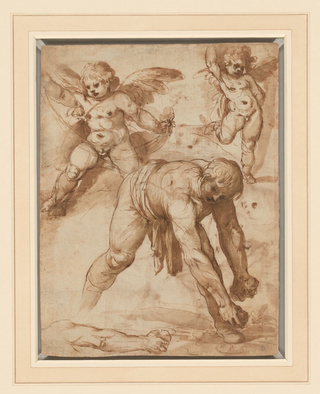 Studi di una figura che si china, due putti e un braccio (recto); Riposo durante la fuga in Egitto (verso) da Cesare Rossetti
