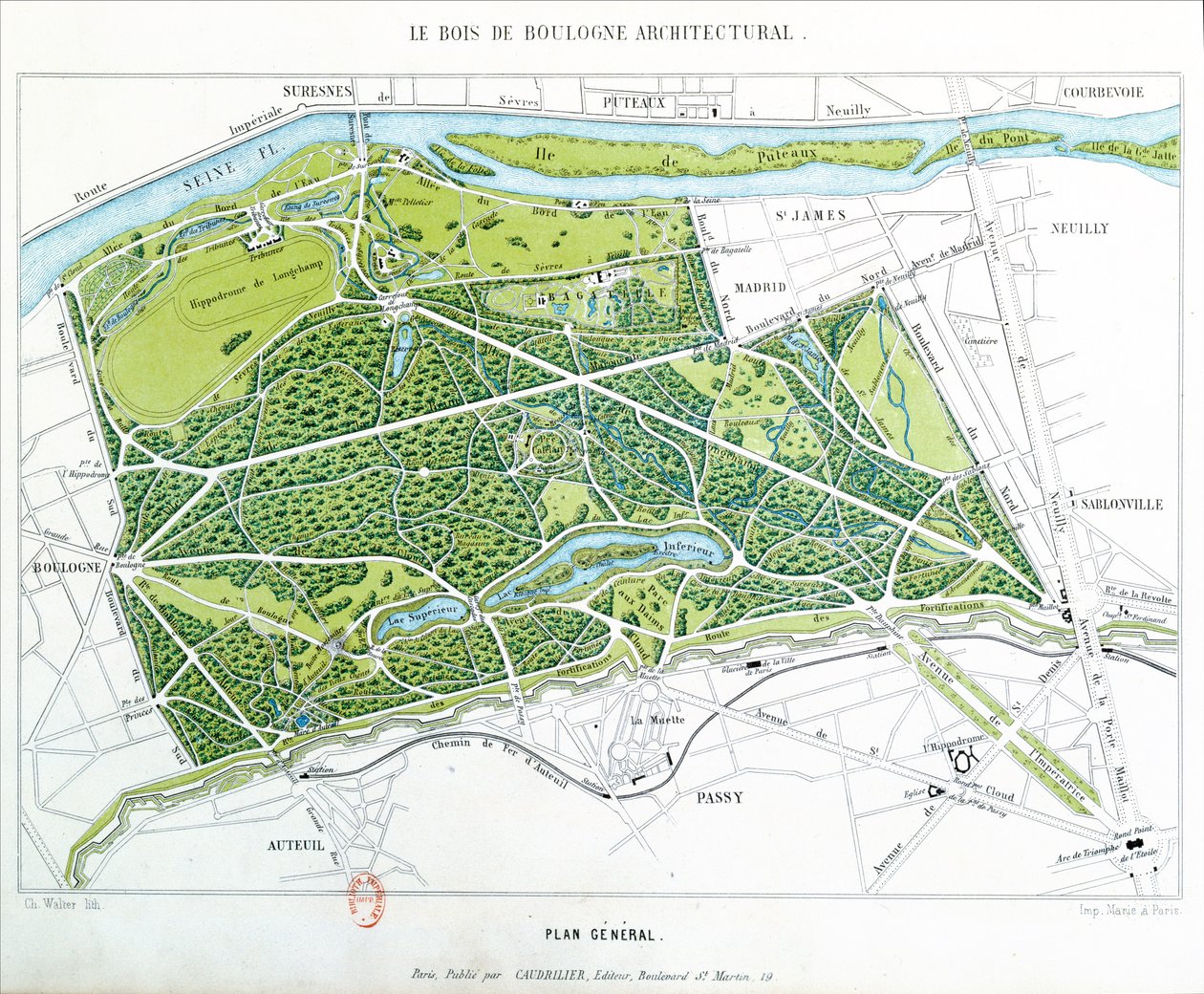 Piano del Bois de Boulogne a Parigi, pubblicato da Caudrilier da Ch. Walter