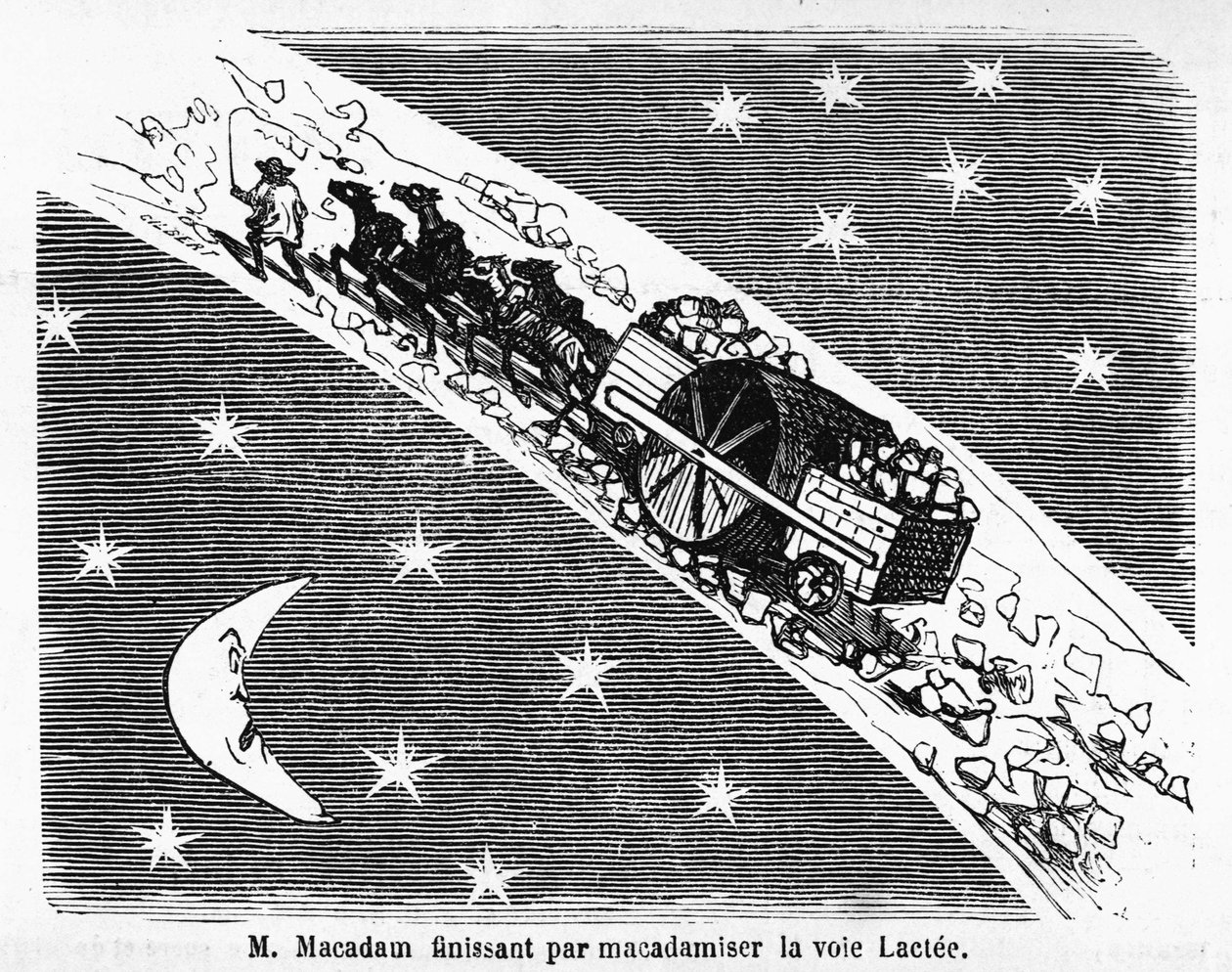 Cartone animato sulla pavimentazione stradale in pietra, MacAdam, ingegnere scozzese (1756-1838): "M. Macadam che finisce per macadamizzare la Via Lattea" - in "Album Charivarique", ill. di Cham da Amédée de Noé