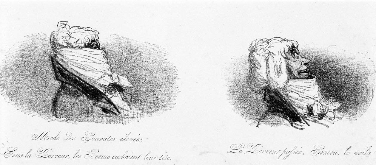 Disegno satirico sulla borghesia al tempo della Rivoluzione francese. "Moda delle cravatte alte: sotto il Terrore, i belli nascondevano le loro teste... Passato il Terrore... Eccolo lì!" In "Torture della moda" di Cham da Amédée de Noé