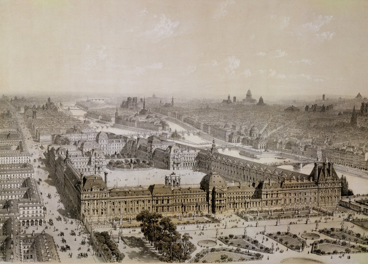 Il Louvre completato e la nuova Rue de Rivoli, inciso da Philippe Benoist da Chapuis
