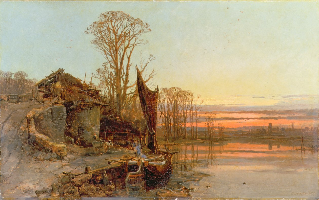 Paesaggio con cottage in rovina al tramonto, 1898 da Charles Branwhite