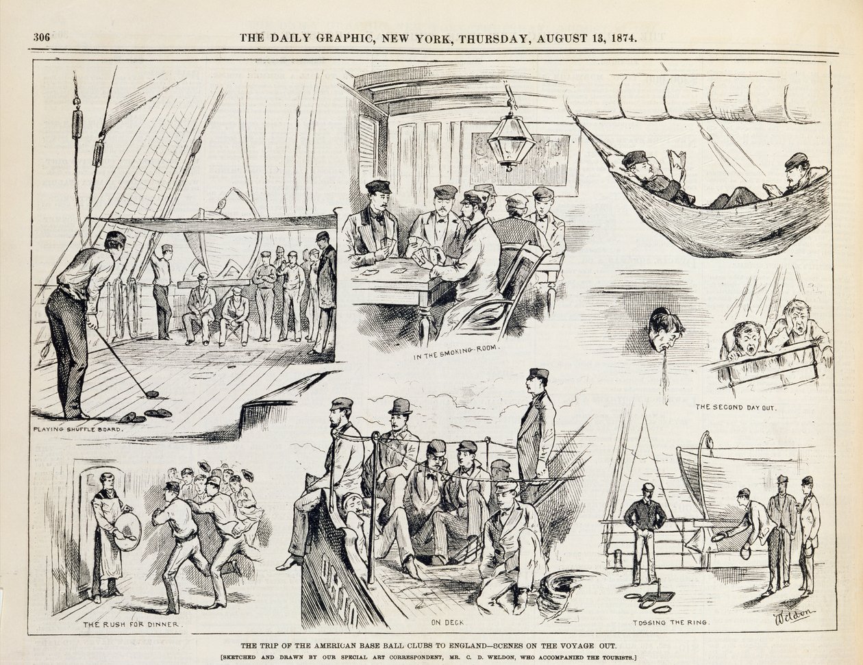 Il viaggio dei club di baseball americani in Inghilterra (Il viaggio di andata) pubblicato su The New York Daily Graphic, 1874 da Charles Weld