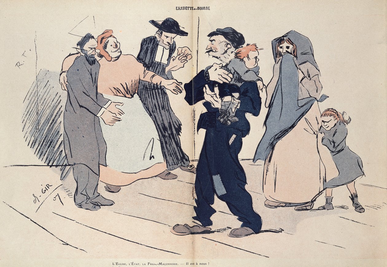 Lotta per un bambino tra la famiglia del bambino e la Chiesa, lo Stato e i Massoni, caricatura da 