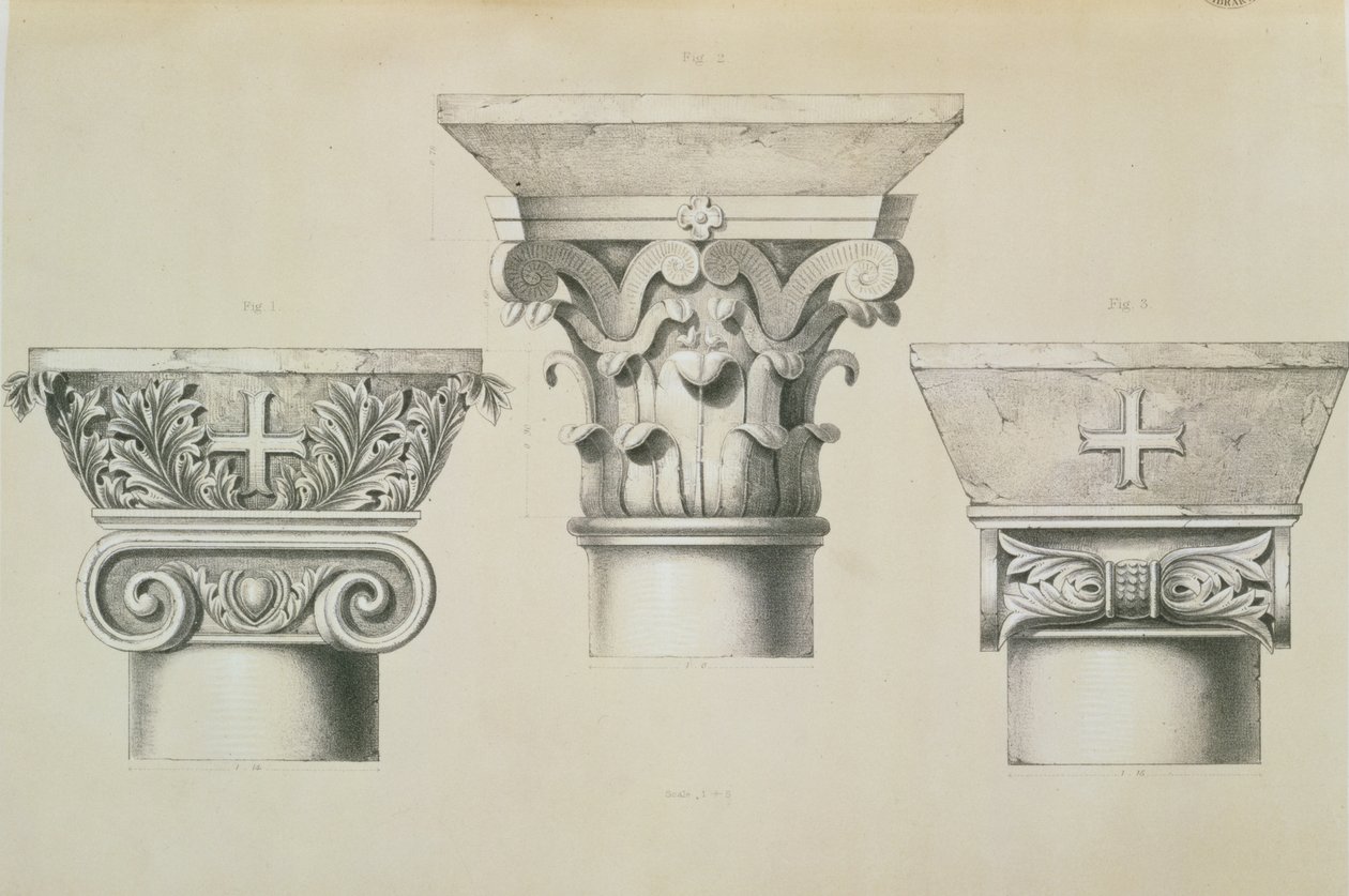 Capitelli bizantini dalle colonne della navata della chiesa di San Demetrio a Salonicco, pub. da Day und Son da Charles Felix Marie Texier