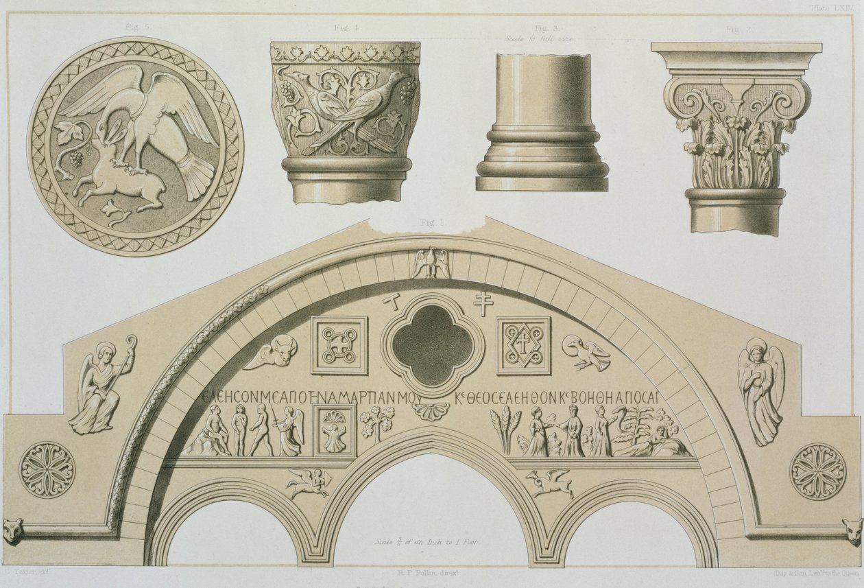 Dettagli di un arco scolpito e colonne da Santa Sofia, Trebisonda, pub. da Day und Son da Charles Felix Marie Texier