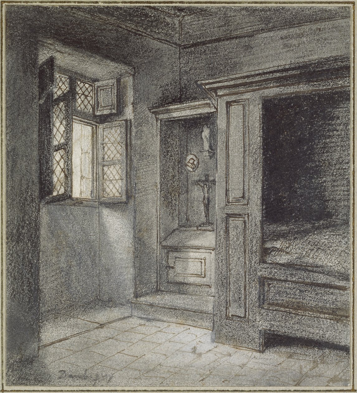 Interno di una camera da letto con un santuario a sinistra da Charles Francois Daubigny