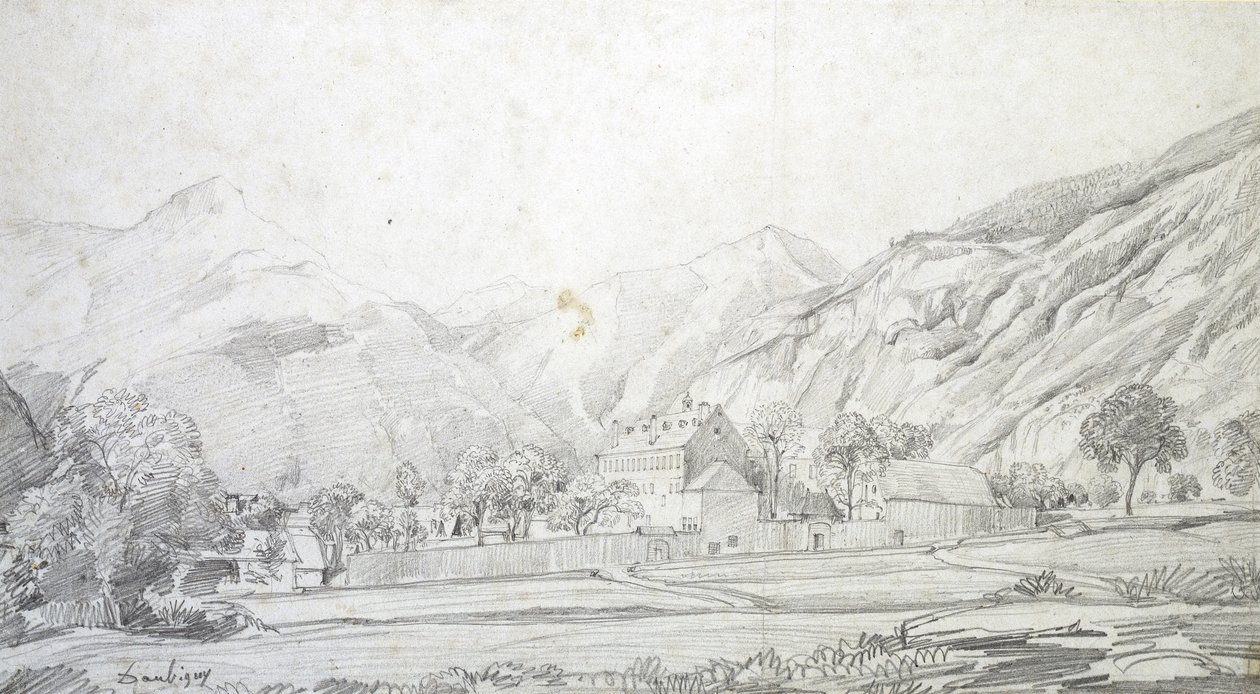 Veduta di edifici in un recinto murato con montagne sullo sfondo da Charles Francois Daubigny
