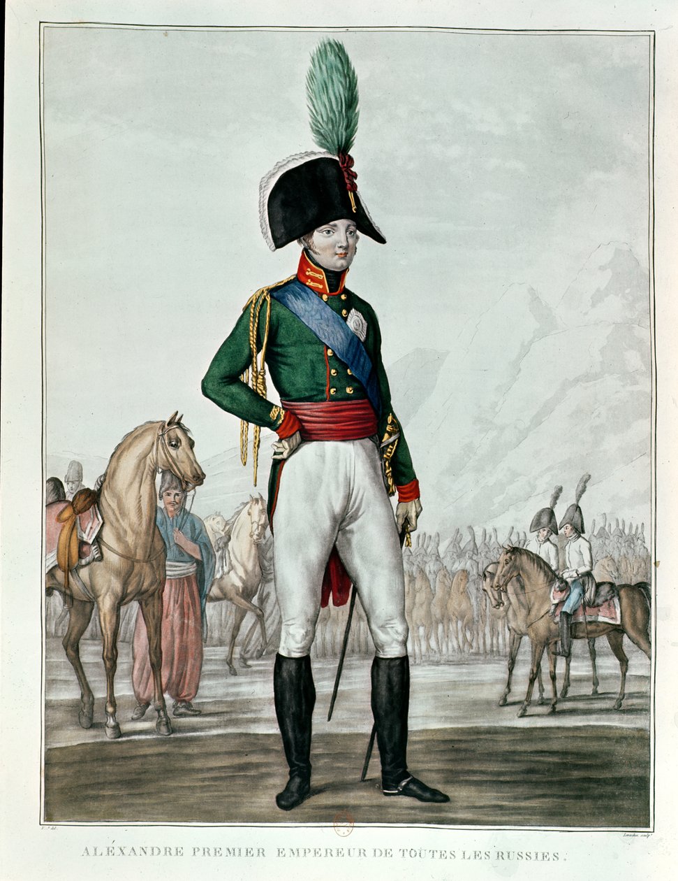 Ritratto di Alessandro I Pavlovich (1777-1825) con il suo esercito da Charles Francois Gabriel Levachez