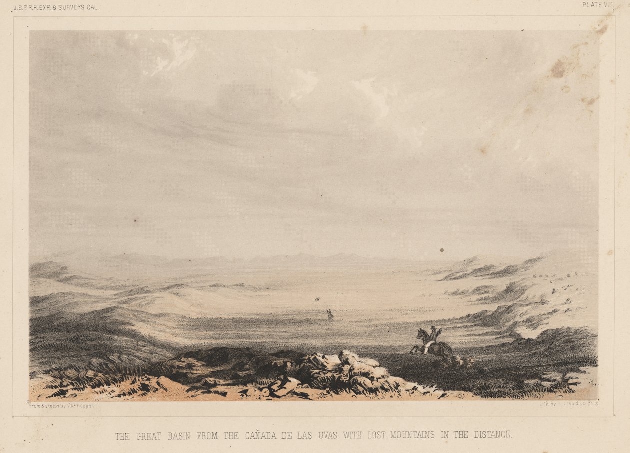 Il Grande Bacino dalla Canada de las Uvas con le Montagne Perdute in lontananza, litografia di A. Hoen und Co., 1855 da Charles Koppel