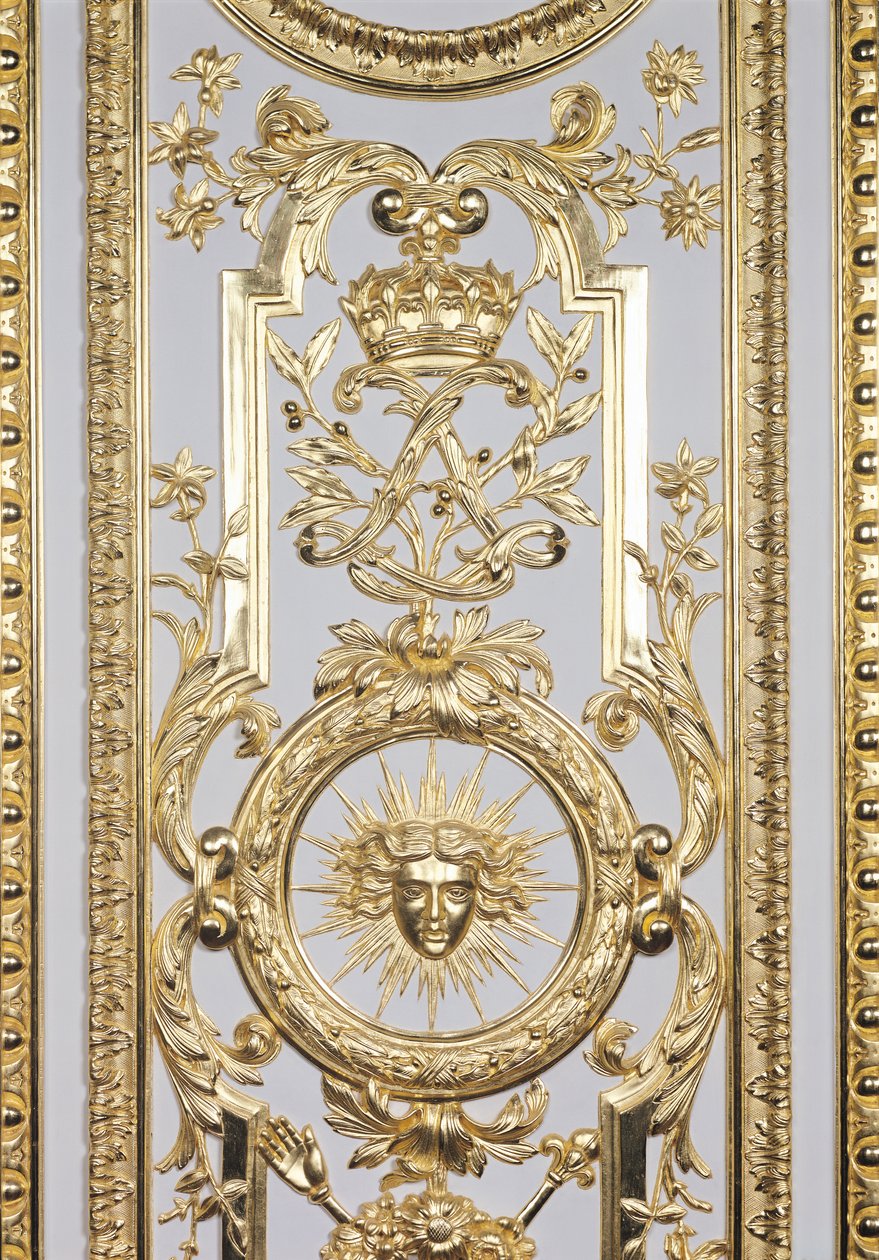 Dettaglio del pannello raffigurante la corona e il monogramma di Luigi XIV e il sole, dal Salon de Venus da Charles Le Brun