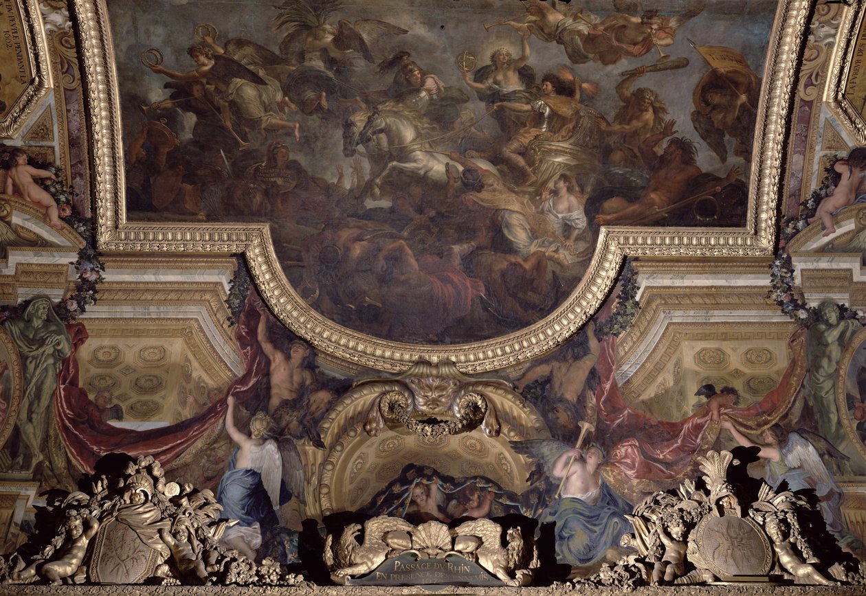 Passaggio sul Reno alla presenza dei nemici 1672, dipinto sul soffitto della Galerie des Glaces da Charles Le Brun