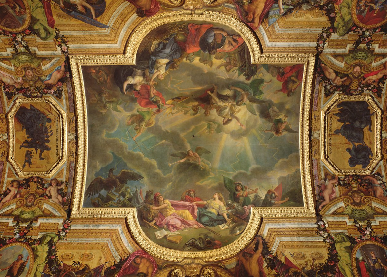 La Cattura della Città e della Cittadella di Gand in sei giorni nel 1678 e la Strategia degli Spagnoli Rovinata dalla presa di Gand, dipinto sul soffitto della Galerie des Glaces da Charles Le Brun