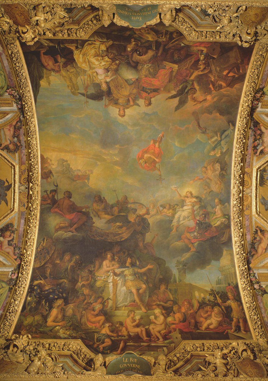Veduta di Luigi XIV (1638-1715) che governa da solo nel 1661 e i prosperi poteri vicini della Francia, dipinto sul soffitto della Galerie des Glaces da Charles Le Brun