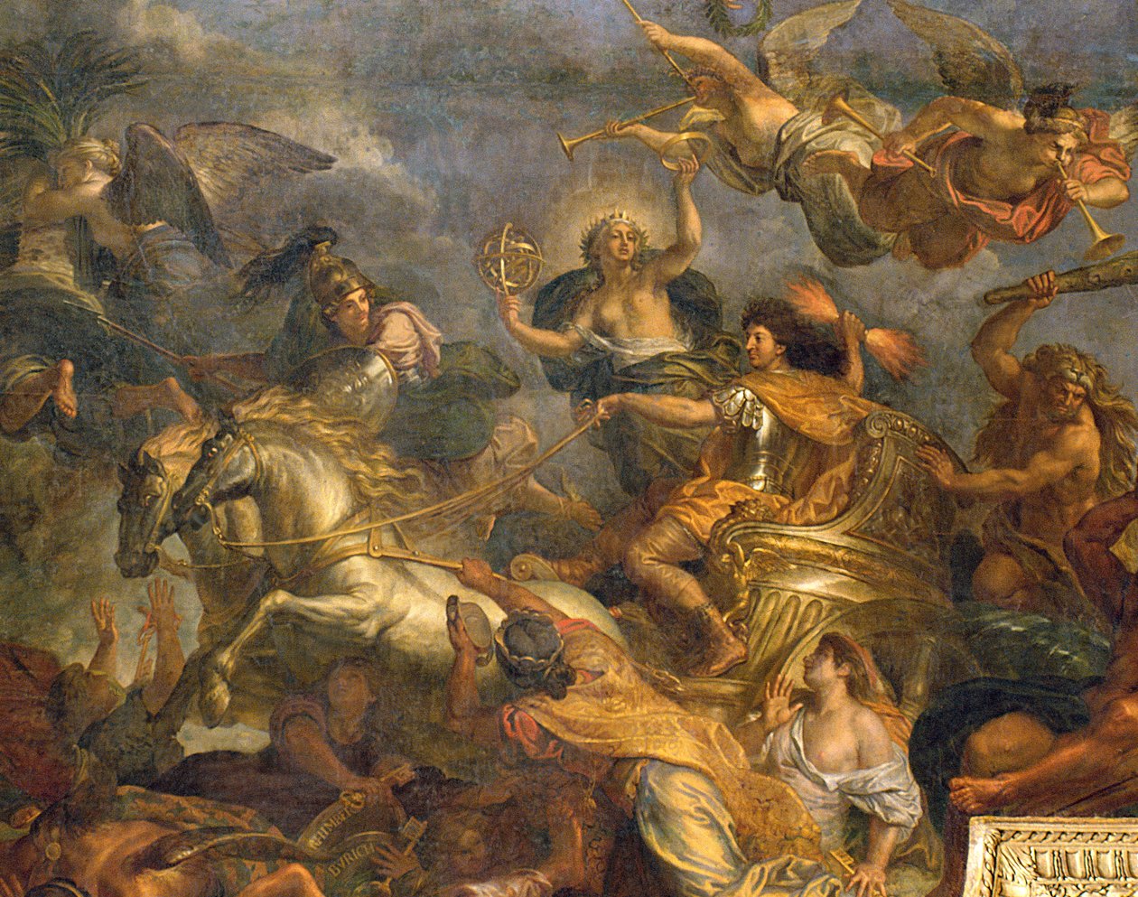 Vista del Re che Prende Maastricht in Tredici Giorni nel 1673 e il Passaggio sul Reno alla Presenza dei Nemici nel 1672, dipinto sul soffitto della Galerie des Glaces (dettaglio) da Charles Le Brun