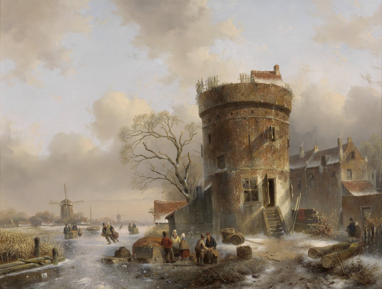Paesaggio invernale con figure su un fiume ghiacciato vicino a una torre da Charles Henri Joseph Leickert