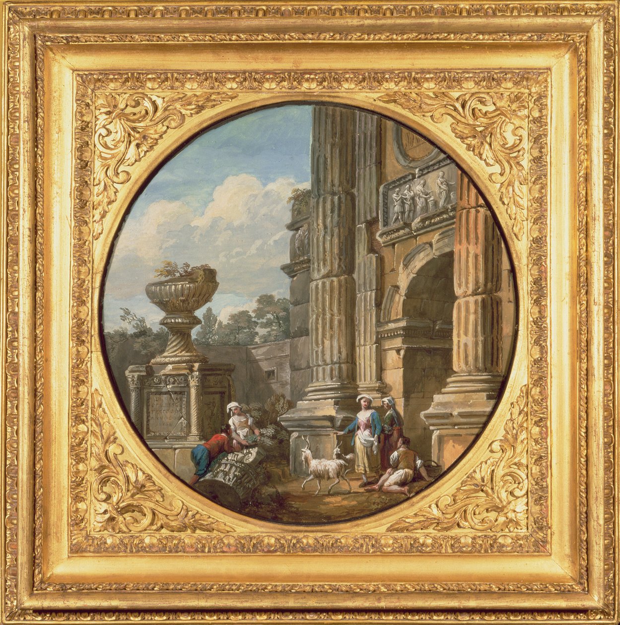 Soggetto architettonico: arco, tomba, figure e capre, 1760s da Charles Louis Clerisseau