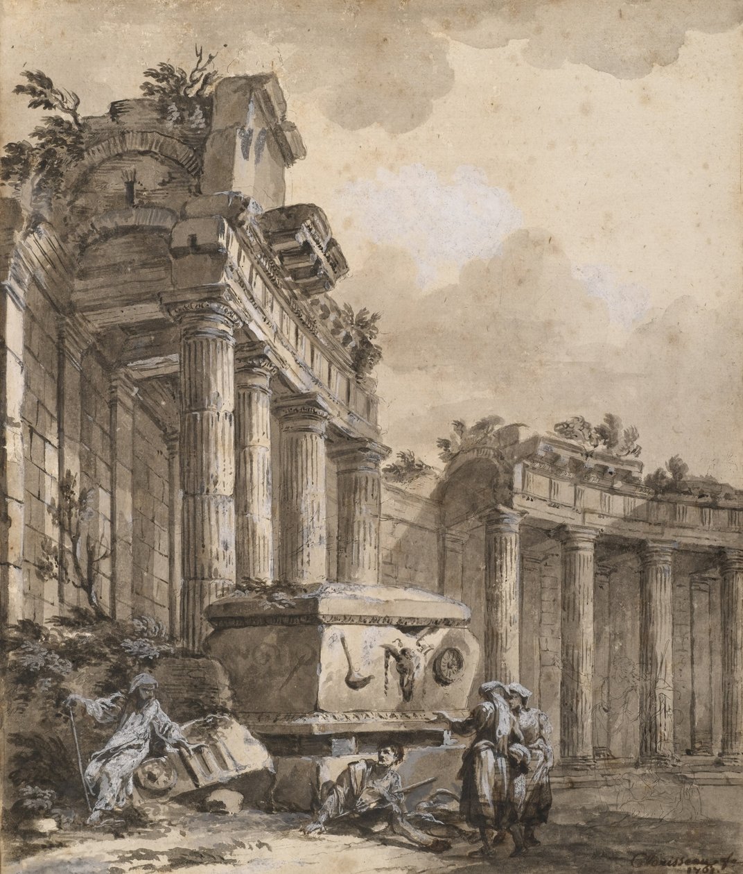Figure vicino a una colonnata in rovina da Charles Louis Clerisseau