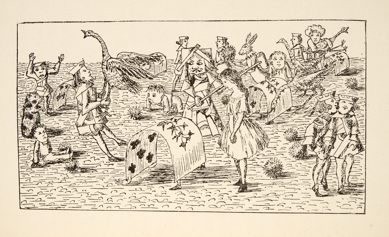 Alice e la Regina Rossa giocano a croquet, illustrazione da Le avventure di Alice sottoterra, pub. 1886 (facsimile) da Charles Lutwidge Dodgson