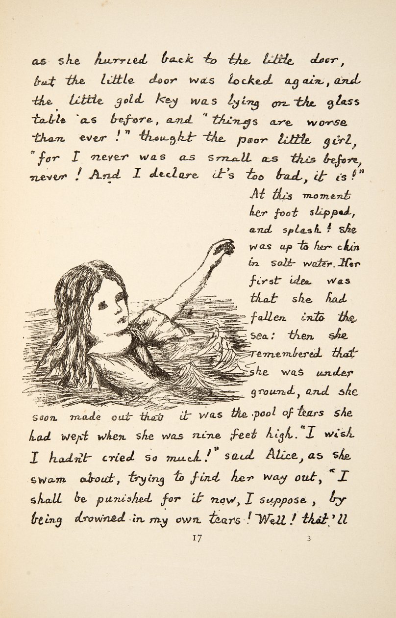 Alice cade nella Pozza di Lacrime, illustrazione da Le avventure di Alice sottoterra, pub. 1886 (facsimile) da Charles Lutwidge Dodgson