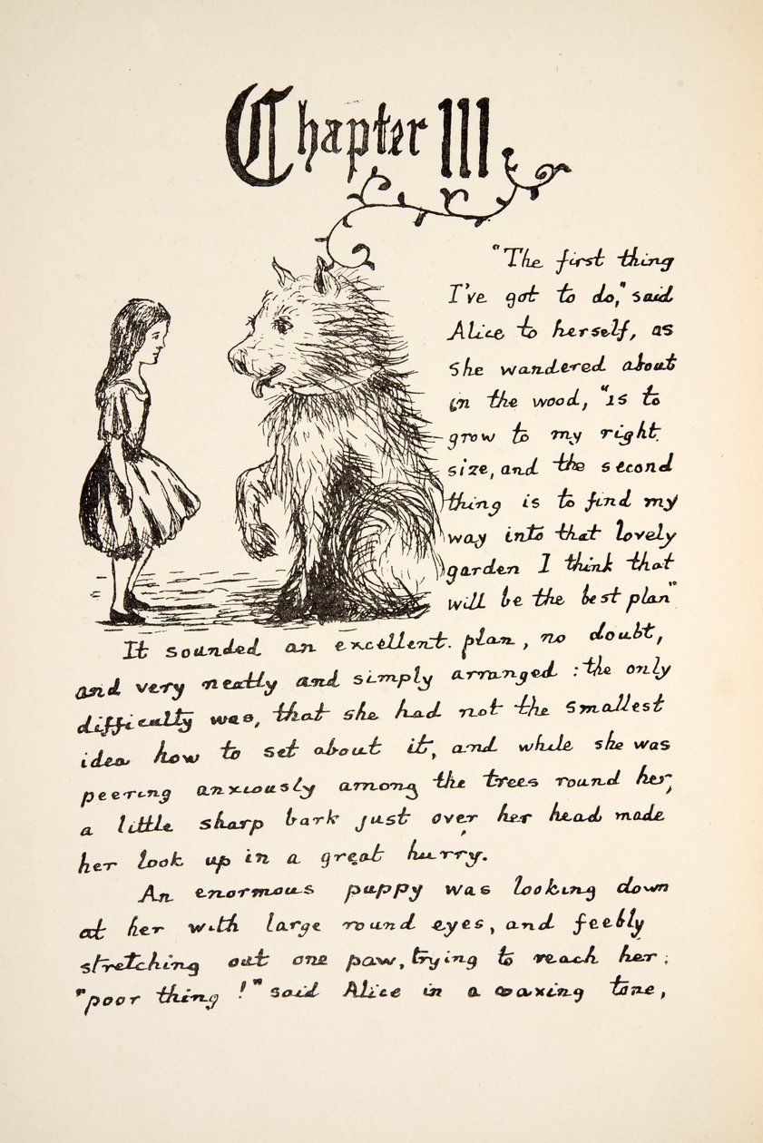 Alice incontra il Cucciolo, illustrazione da Le avventure di Alice sottoterra, pub. 1886 (facsimile) da Charles Lutwidge Dodgson