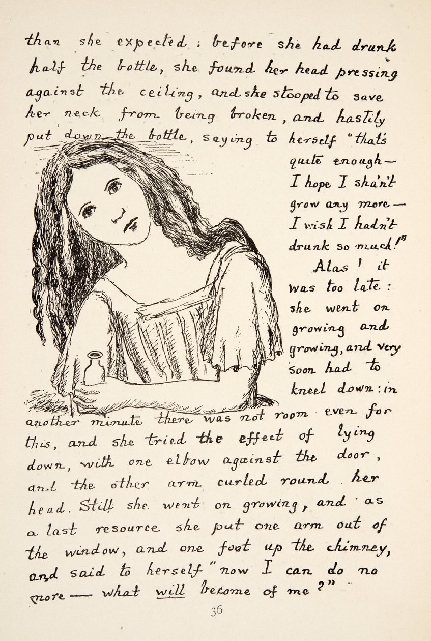 Alice inizia a crescere dopo aver bevuto dalla piccola bottiglia, illustrazione da Le avventure di Alice sottoterra, pub. 1886 (facsimile) da Charles Lutwidge Dodgson