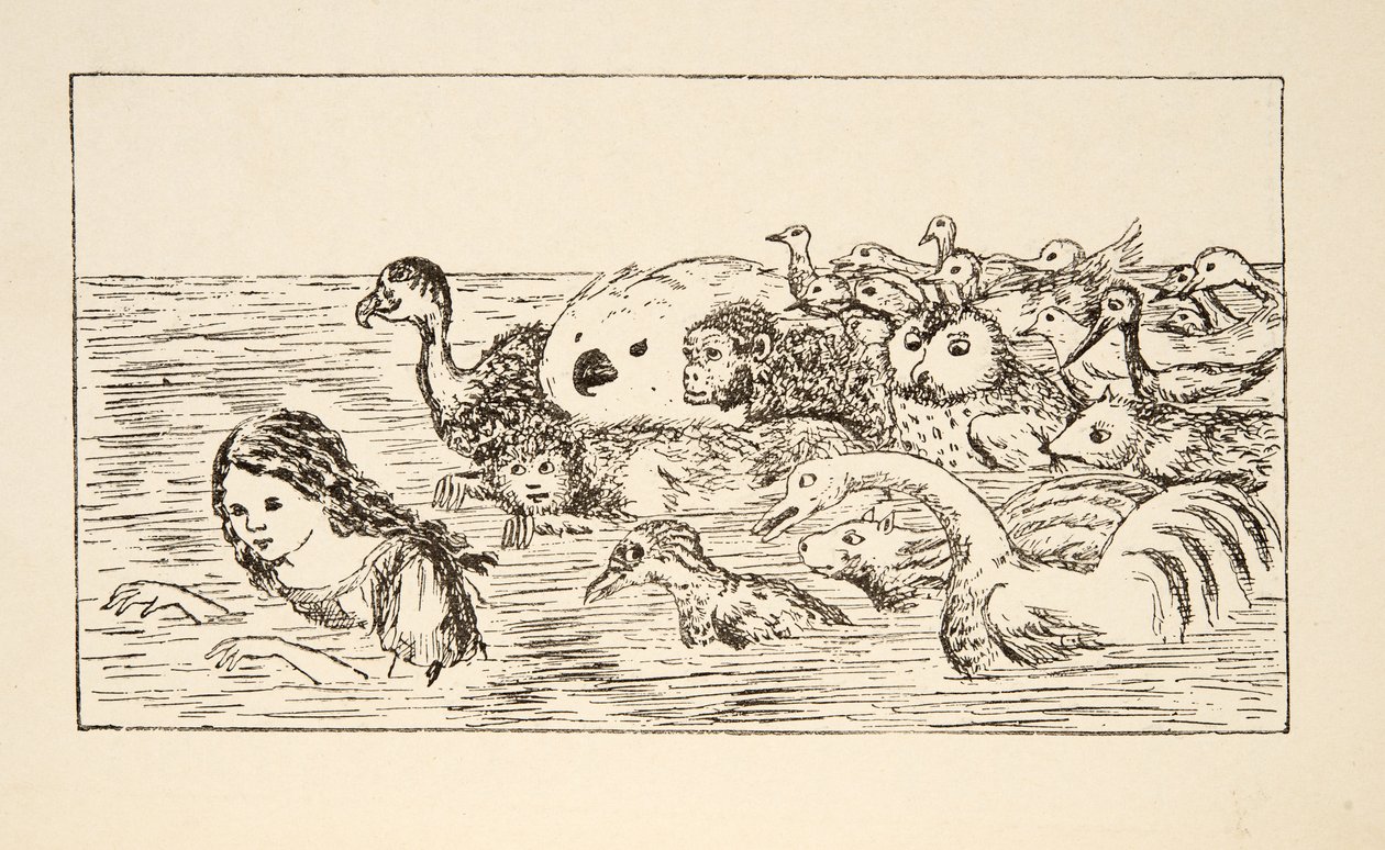 Alice nuota nella Pozza di Lacrime, illustrazione da Le avventure di Alice sottoterra, pub. 1886 (facsimile) da Charles Lutwidge Dodgson