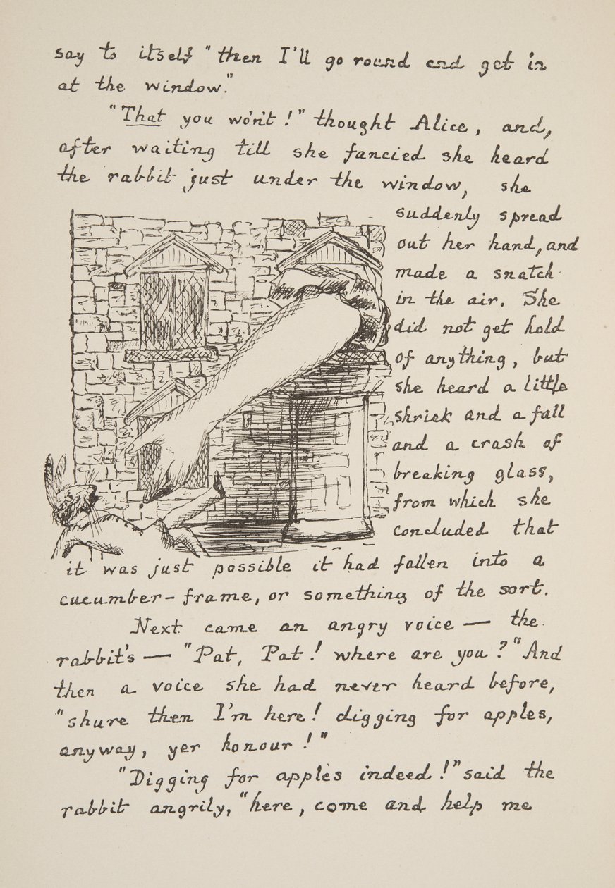 Alice cerca di afferrare il Coniglio Bianco, illustrazione da Le avventure di Alice sottoterra, pub. 1886 (facsimile) da Charles Lutwidge Dodgson