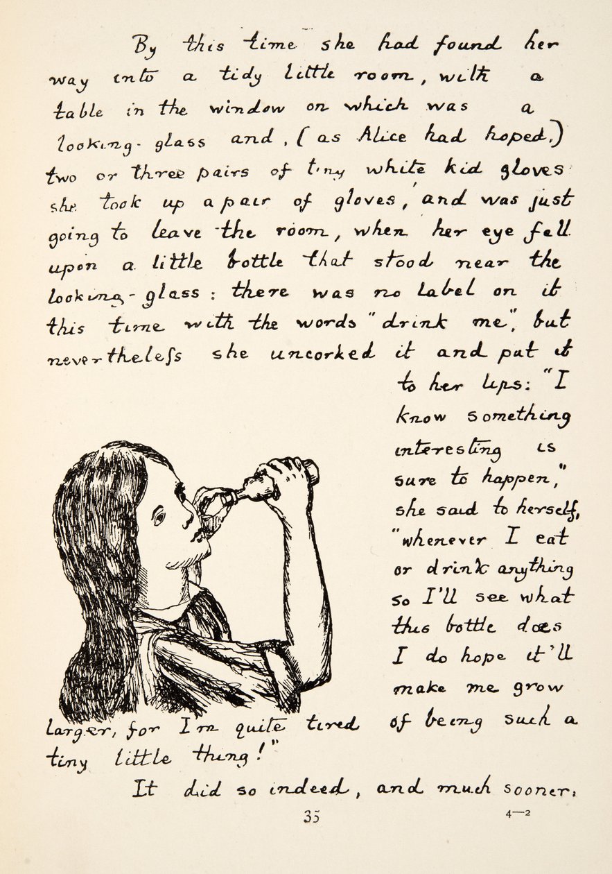 Alice stappa la piccola bottiglia, illustrazione da Le avventure di Alice sottoterra, pub. 1886 (facsimile) da Charles Lutwidge Dodgson