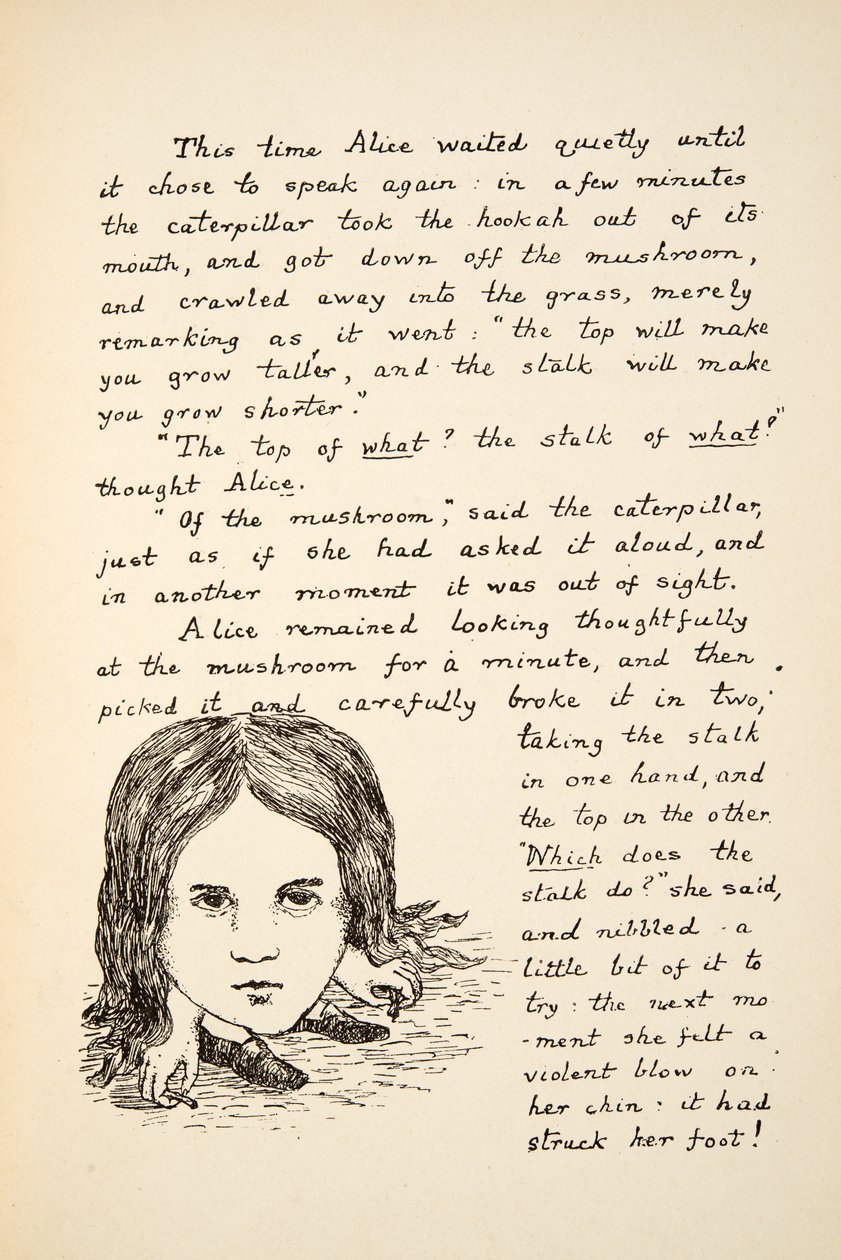 Il mento di Alice colpisce i suoi piedi dopo aver mangiato il fungo, illustrazione da Le avventure di Alice sottoterra, pub. 1886 (facsimile) da Charles Lutwidge Dodgson