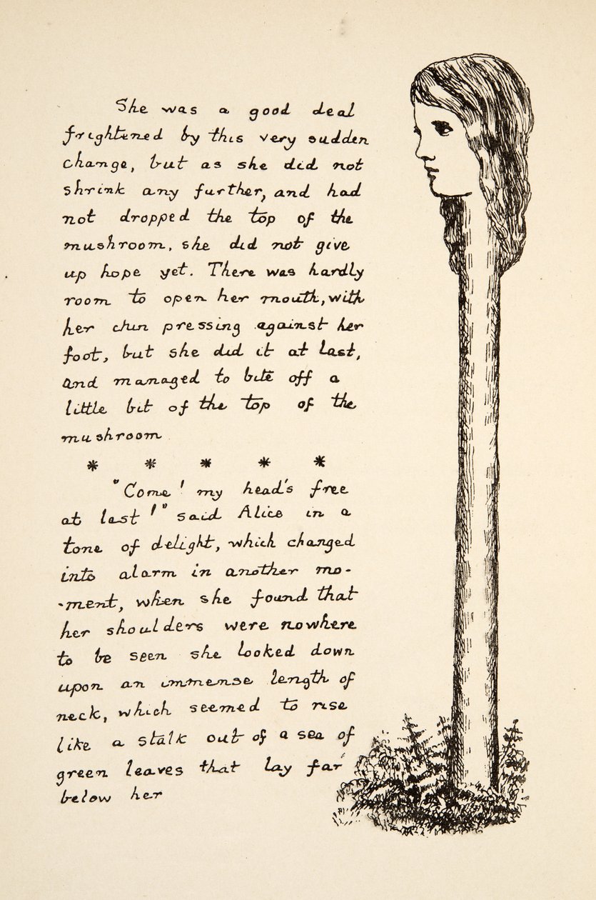 Il collo di Alice si allunga dopo aver mangiato altro fungo, illustrazione da Le avventure di Alice sottoterra, pub. 1886 (facsimile) da Charles Lutwidge Dodgson