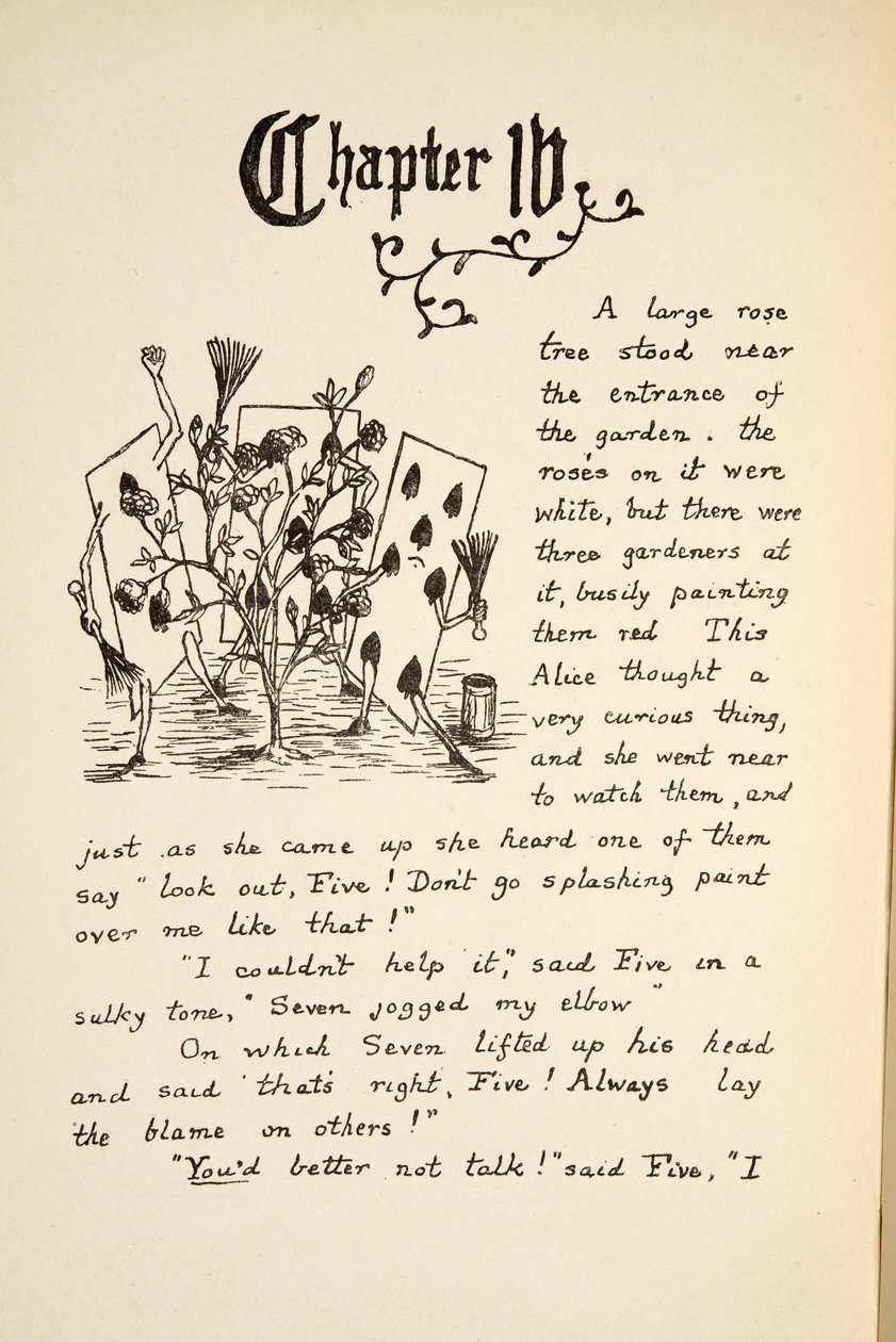 Carte da gioco dipingono la Rosa Bianca di rosso, illustrazione da Le avventure di Alice sottoterra, pub. 1886 (facsimile) da Charles Lutwidge Dodgson