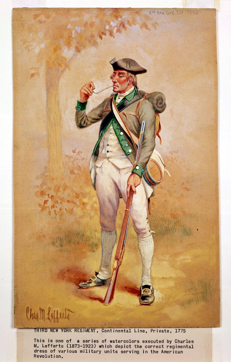 Uniforme di un soldato della Linea Continentale nel 3° Reggimento di New York nel 1775, c.1920 da Charles MacKubin Lefferts