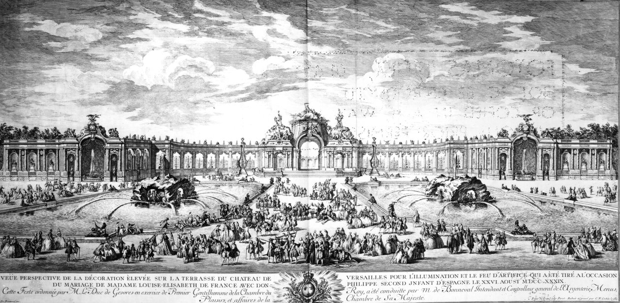 Veduta prospettica della terrazza di Versailles in occasione del matrimonio di Luisa Elisabetta di Francia con Filippo di Spagna nel 1739, inciso da Charles Nicolas Cochin fils, 1741 da Charles Nicolas II Cochin