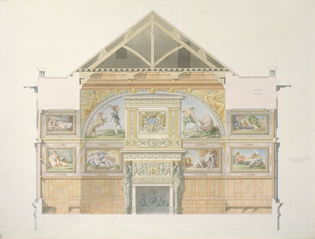 Ms 1014 Elevazione della sala da ballo a Fontainebleau, tavola da un album da Charles Percier