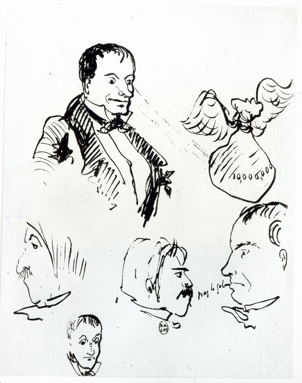 Tre autoritratti e profili di Jules Champfleury (1821-89) e Charles Asselineau (1820-74) c.1857-58 da Charles Pierre Baudelaire