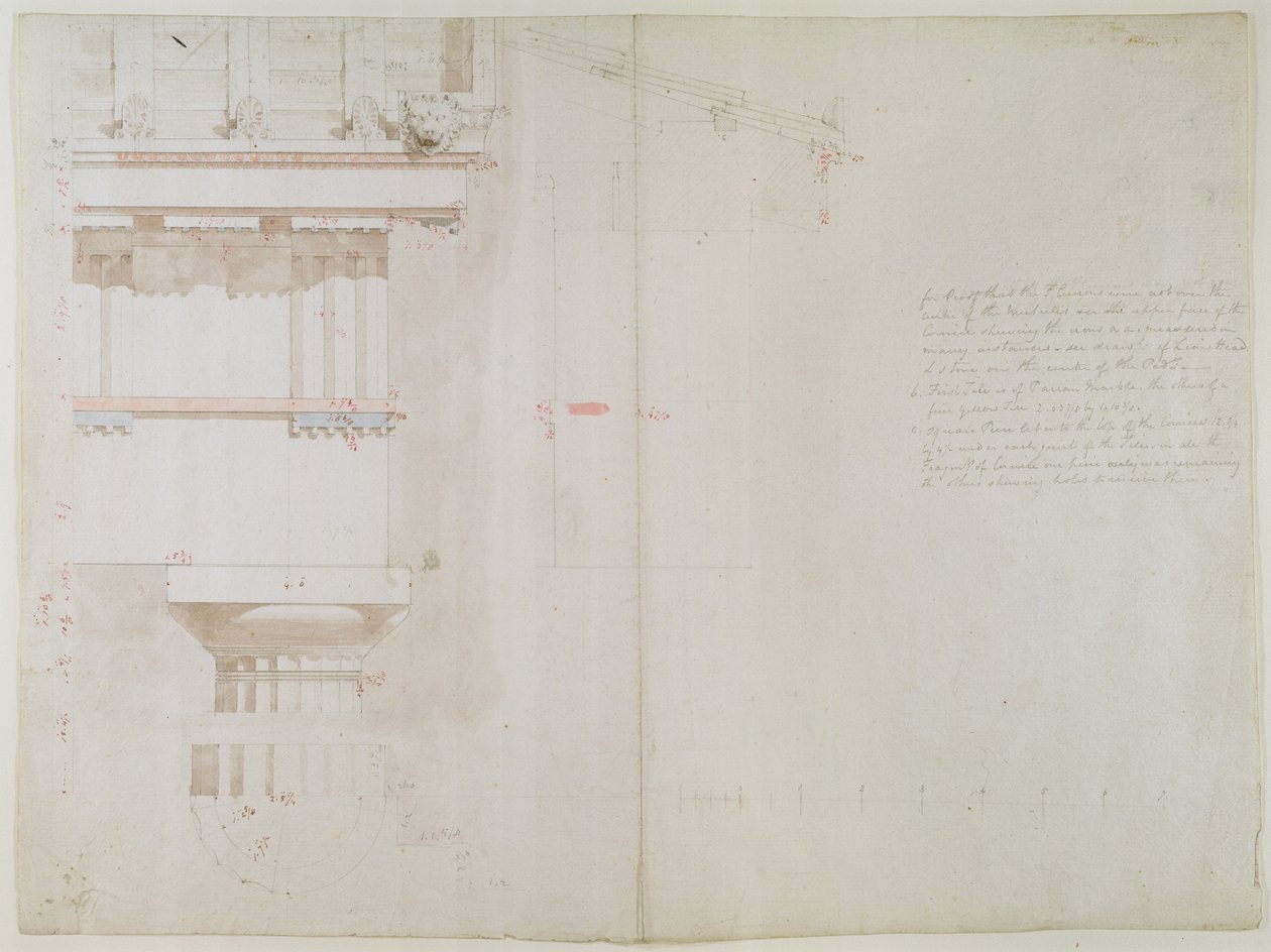 Collezione di disegni originali per templi a Bassac: Elevazione e struttura parziale del tetto dei templi di Giove Panhellenio ad Egina, 1860 da Charles Robert Cockerell