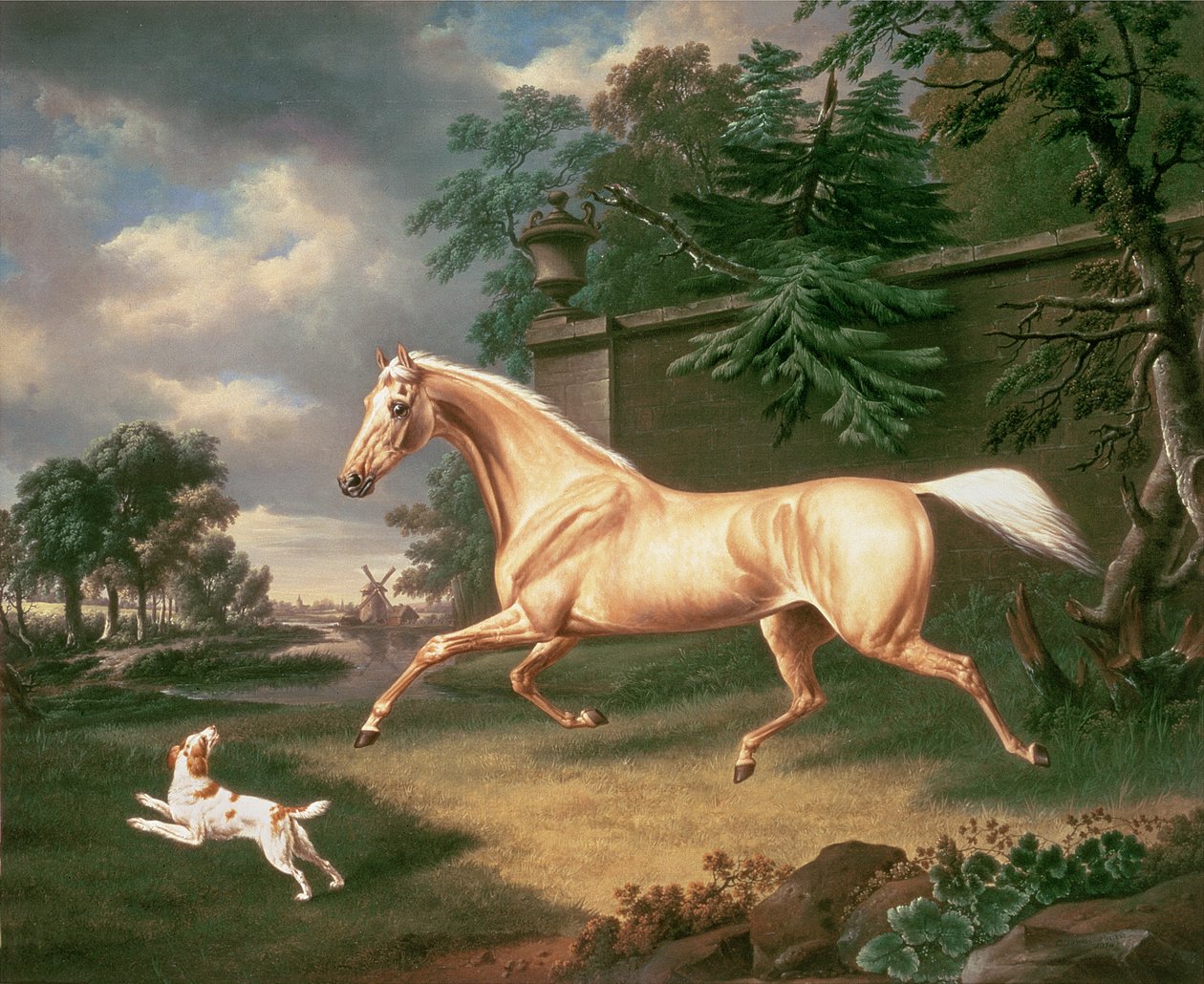 Un Palomino spaventato da una tempesta in arrivo con uno Spaniel, 1814 da Charles Towne