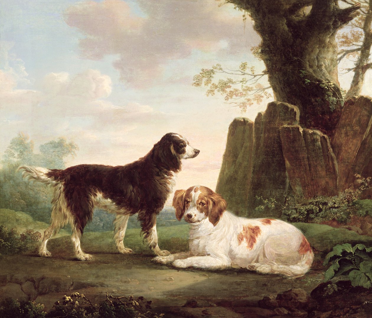 Due spaniel in un paesaggio da Charles Towne