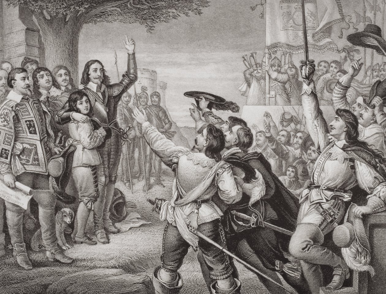 Carlo I (1600-49) che erige il suo stendardo a Nottingham nella scena di apertura della Grande Guerra Civile il 25 agosto 1642, da 