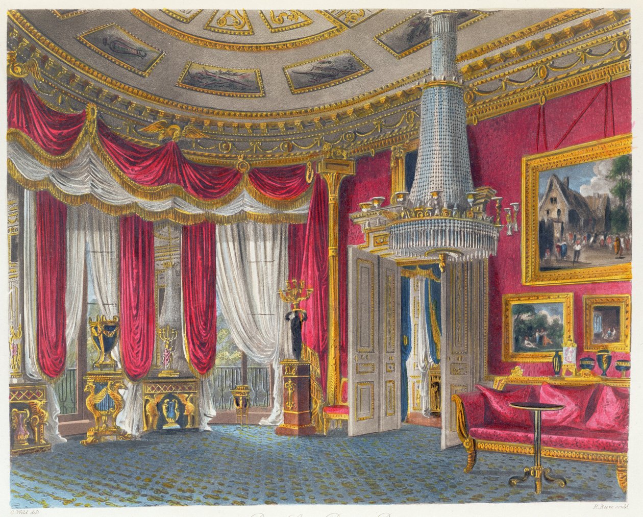 Il salotto di raso rosa, Carlton House, vista sud-ovest, inciso da R. Reeve, da 