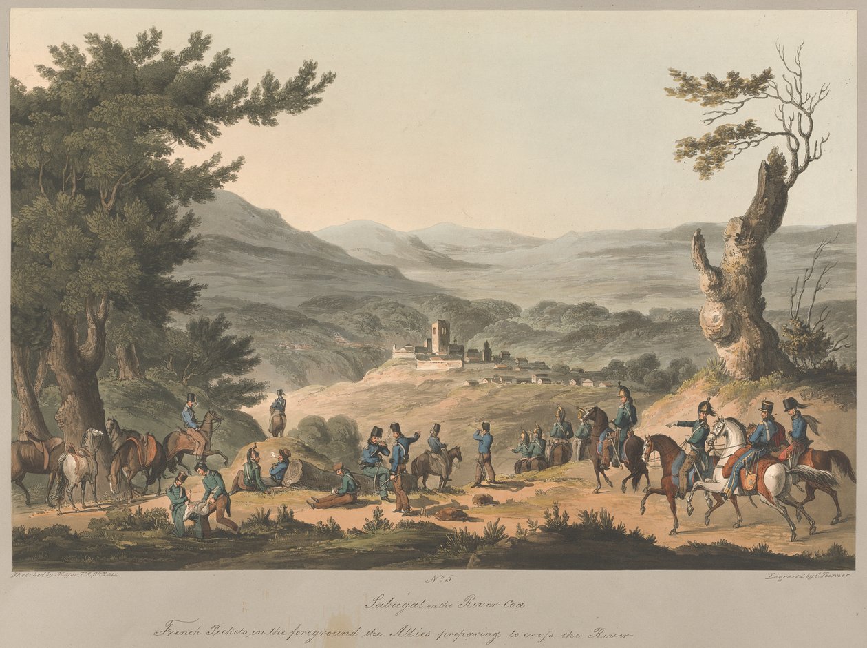 No.5. Sabugal sul fiume Coa picchetti francesi in primo piano gli Alleati che si preparano ad attraversare il fiume da Charles (after) Turner